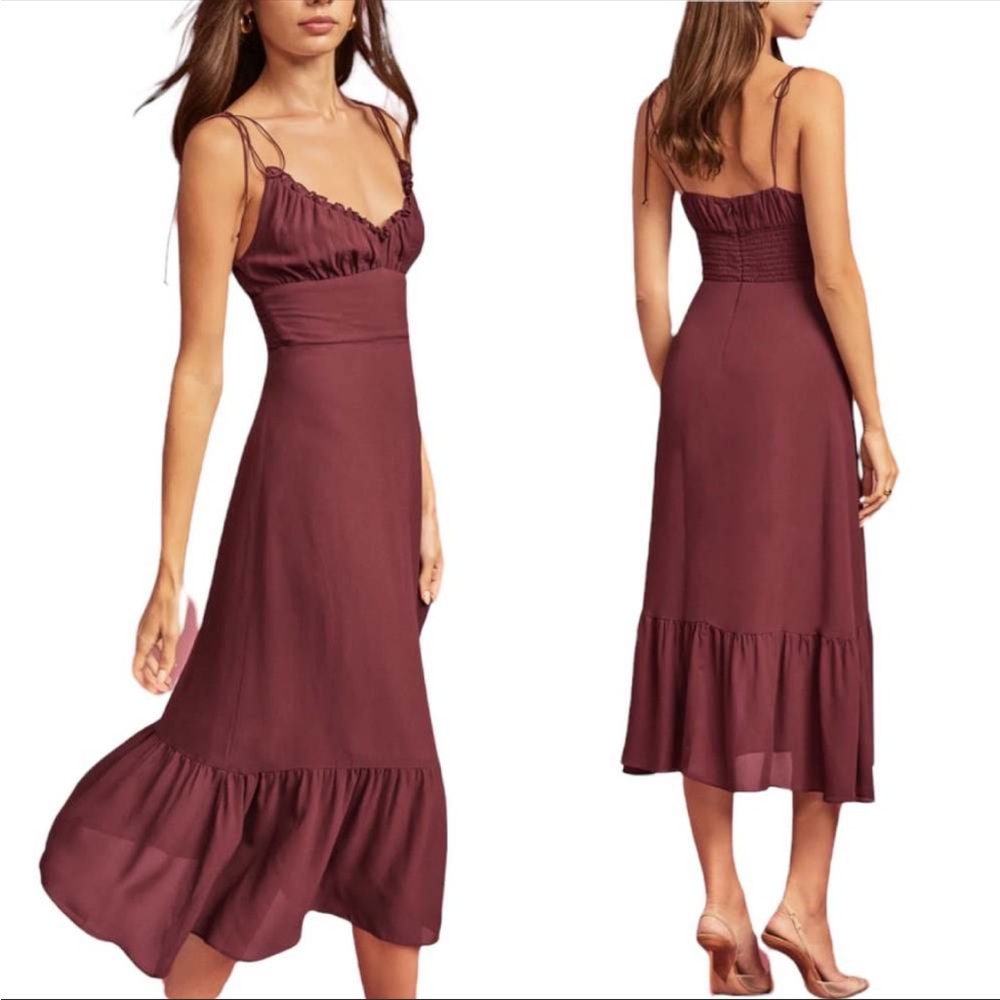REFORMATION Embry Dress Burgundy Plum Sleeveless Ruffle Tie Straps Chiffon 8 NWT - Picture 1 of 14